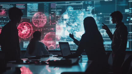 High-resolution studio photo of students collaborating around a large screen in a futuristic classroom, displaying complex AI-driven interfaces.