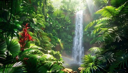 Wall Mural - Waterfall in the garden with sun light and green leaves background