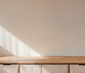 3D render close up blank empty space on beautiful oak wood wooden kitchen counter top with morning sunlight and foliages leaves shadow on white ceramic wall tiles in background. Kitchen, Backdrop.