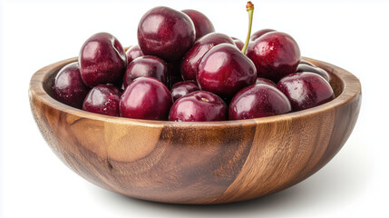 Wall Mural - Fresh cherries in a wooden bowl on a white background 