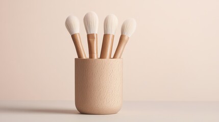 Minimalist wooden brush holder design with sleek lines, showcasing the warm grain of oak wood, ideal for a modern, stylish studio setting