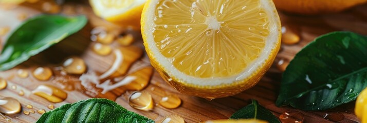 Wall Mural - Close-up of lemon slices with leaves on a wooden surface