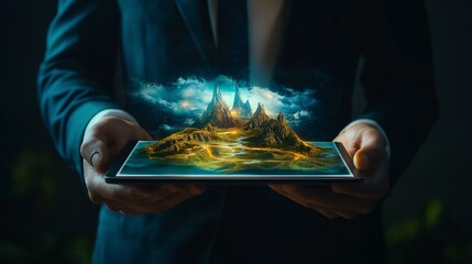 Futuristic 3D virtual landscape projected from a tablet in a business setting