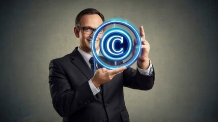 businessman holding virtual copyright symbol