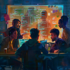 A candid, mid-shot of a multicultural software development team, their faces illuminated by the glow of a large, central monitor displaying code