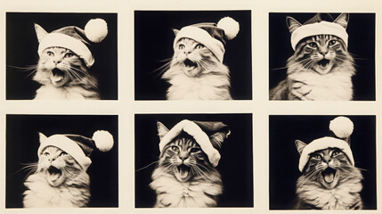 Charming vintage-style photo strip featuring six black and white images of a cat wearing a Santa hat each capturing different playful expressions