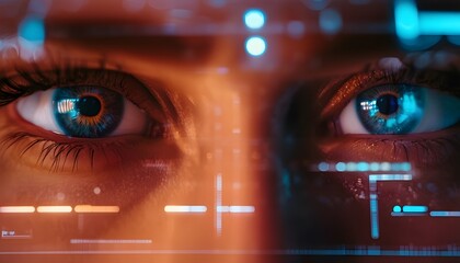 Close-up on eyes seen through digital holographic elements.