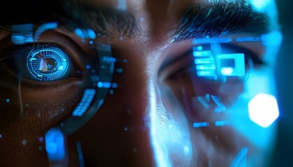 Close-up on eyes seen through digital holographic elements.
