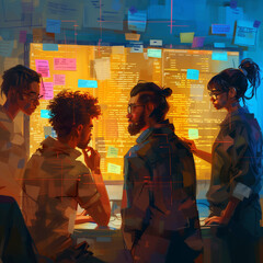 A candid, mid-shot of a multicultural software development team, their faces illuminated by the glow of a large, central monitor displaying code