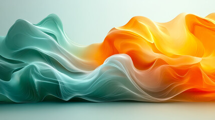 Wall Mural - Abstract Silky Green and Orange Waves, Smooth Gradient Curves with Soft Shadows on Minimal Modern Background, Dynamic Fluid Design for Creative Graphic Projects, Elegant and Vibrant Artistic Concept