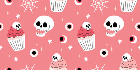 Wall Mural - Pink grey and black seamless prints with Halloween decorative elements - ghost, pumpkin, sculls. Cute vector characters, decor objects - sweets, pumpkin, witch, ghost, bat. Pattern design