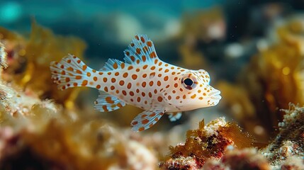 Wall Mural - A White and Orange Spotted Fish with Fin Details Swimming Past Coral