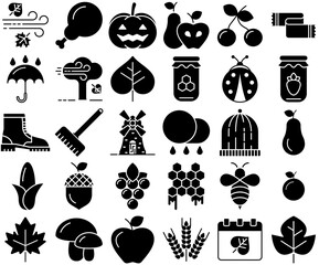 Set Of Autumn Glyph Vector Symbols Apps, Websites Ui Designs Suitable For Food,Nature,Season,Autumn,Fruit Stroke Icon Collection. Vector Illustration