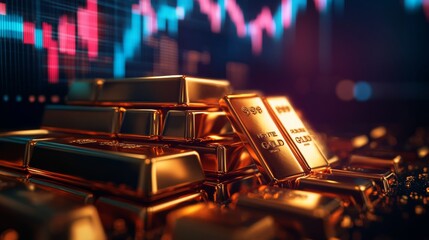 Gold bars and a rising stock chart in the background, a concept of gold trading or financial growth with a close-up view on metallic elements.