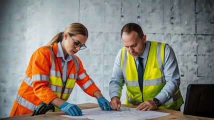 colleagues with safety equipment working with blueprint