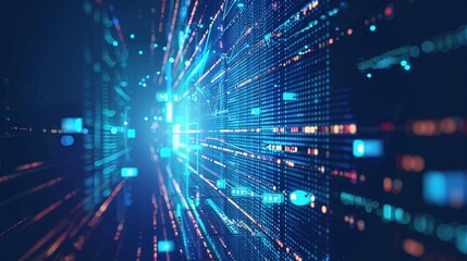 Abstract digital data flow with blue and red lights.