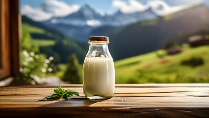 there is a bottle of milk on a table with a mountain view