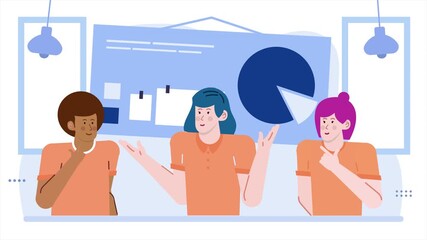 a teamwork collaborates and discusses ideas in front of chart presentation illustration business animated video