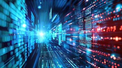 Abstract digital data stream with blue and red lights.