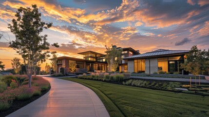 A large, beautiful, modern house covered with grass, with a beautiful surrounding atmosphere.