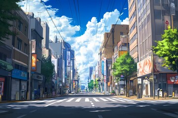 anime background illsutration, atmosphere of a empty street in the middle of a beautiful city