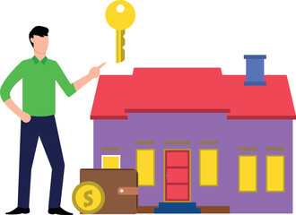 Wall Mural - A boy is investing money by buying a house.