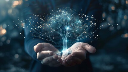 Wall Mural - person's hands holding a glowing digital tree with a world map shape. it represents the growth and c