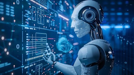 Wall Mural - futuristic robot interacts with a digital interface, showcasing technological advancements and the p