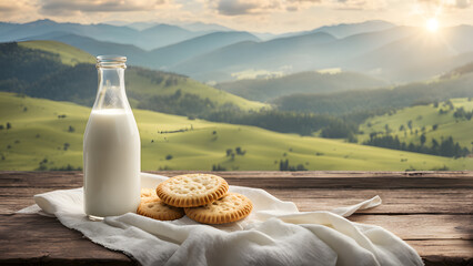 there is a bottle of milk and cookies on a napkin