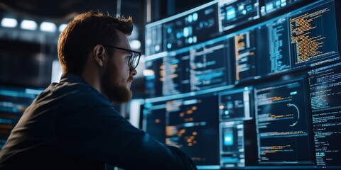 Poster - computer programmer working on a sophisticated software project, surrounded by multiple screens displaying code, data analytics, and development tools, emphasizing the technical aspects of innovation