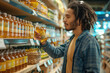 © lenblr - Young customer is choosing a jar of a product standing in front of a shelf in a grocery store, reading the label