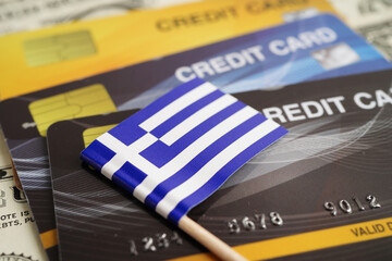 Greece flag on credit card, finance economy trading shopping online business.