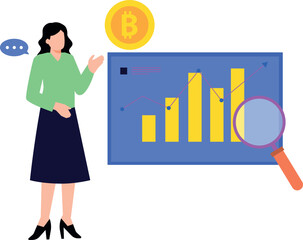 Wall Mural - Girl looking at bitcoin analytics.