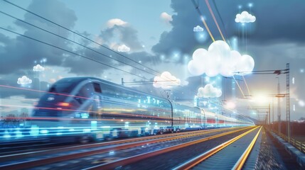 A train is traveling down a track with a cloudy sky in the background