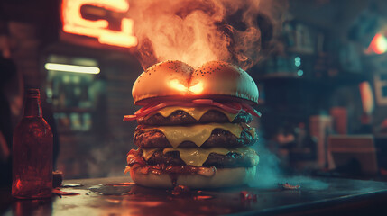 A burger with two patties and a lot of toppings is displayed on a wooden table. The burger is surrounded by neon lights, giving it a romantic and intimate feel