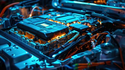 Canvas Print - A close up of a car engine with wires and lights