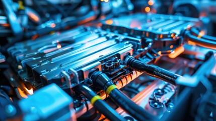 Poster - The engine of a car is lit up with a blue and yellow glow