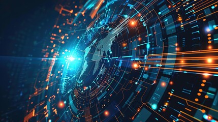 Abstract digital world map with glowing lines and circuit board design.