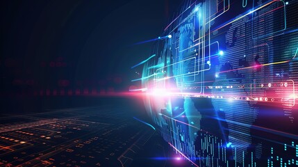Abstract digital world map with glowing lines and data.