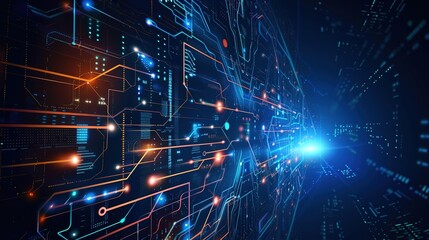 Abstract futuristic digital network background with glowing lines and nodes.