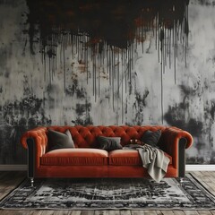 A couch sits before a wall home interior background.