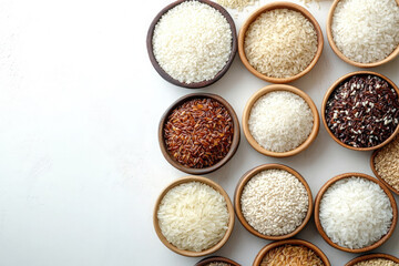 Wall Mural - Various types of rice are shown from above in bowls on a white background.  Banne.Flat lay, top view. Mock up.