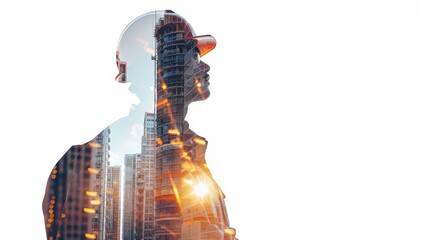 A man in a hard hat stands in front of a city skyline