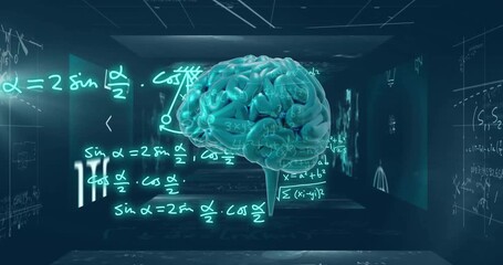 Poster - Brain with mathematical equations and formulas animation over dark background