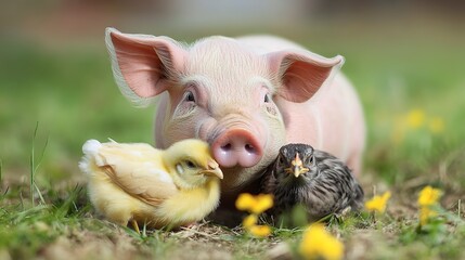 Wall Mural - Image of an adorable farm pig and hen 