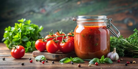 Homemade tomato sauce with fresh herbs in glass jar , food, recipe, cooking, ingredient, homemade, organic, vegetarian