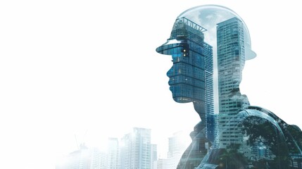 Poster - A man wearing a hard hat stands in front of a city skyline