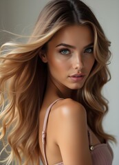 Wall Mural - Beautiful Woman with Flowing Hair in Studio