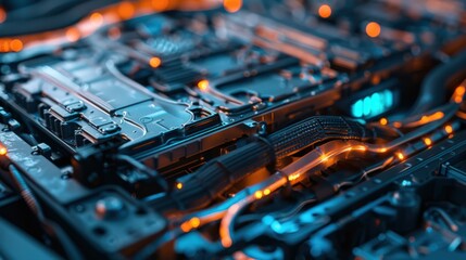 Canvas Print - A close up of a computer's internal components with a blue and orange hue