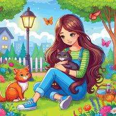 Wall Mural - Beautiful girl plays with her cat in a park